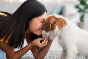 Happy young asian woman petting her cute dog at home, loving korean lady playing with fluffy jack russel terrier on floor in living room, closeup portrait. People and dogs, pets adoption concept