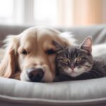 Cat and dog sleeping together on sofa at home. Pet care concept