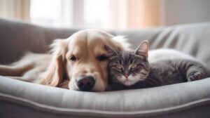 Cat and dog sleeping together on sofa at home. Pet care concept